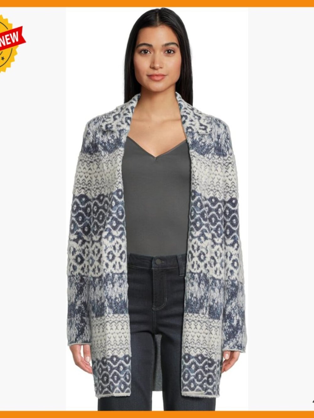 Long Sleeve Open Front Sweater Coatigan Mid-Length Notch Neck Patch Pockets
